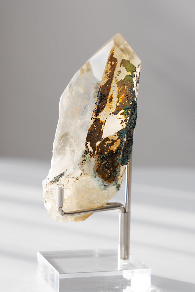 polished Quartz point with Chrysocolla