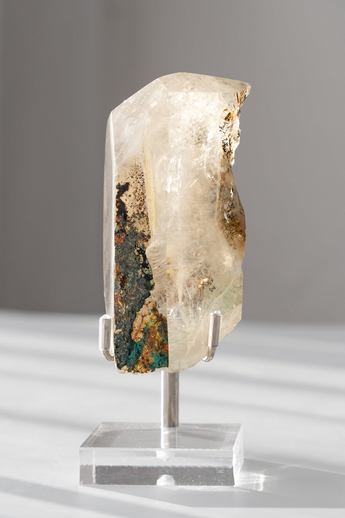 polished Quartz point with Chrysocolla