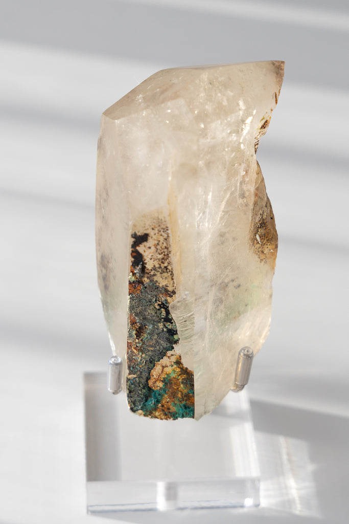 polished Quartz point with Chrysocolla