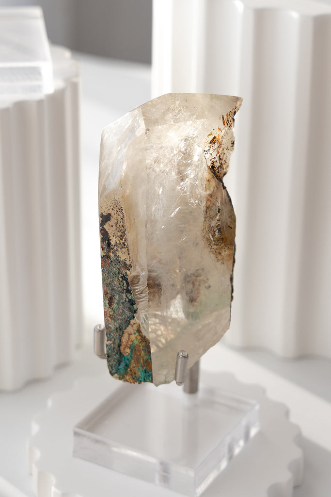 polished Quartz point with Chrysocolla