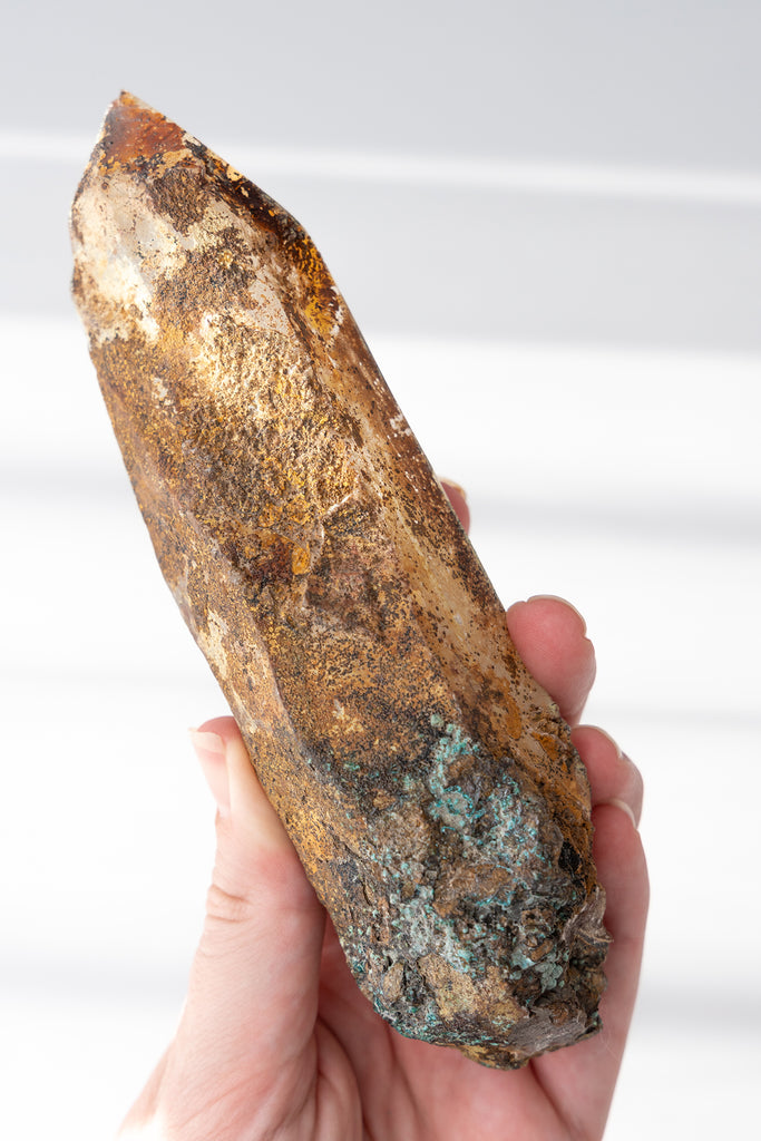 rare half Quartz point with Chrysocolla