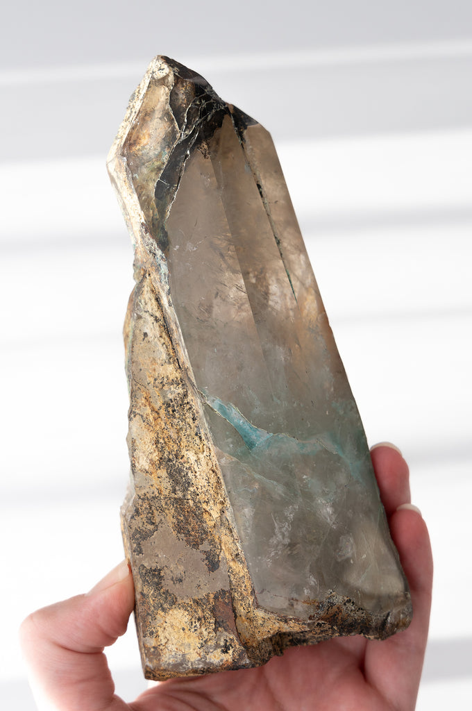 rare half Quartz point with Chrysocolla