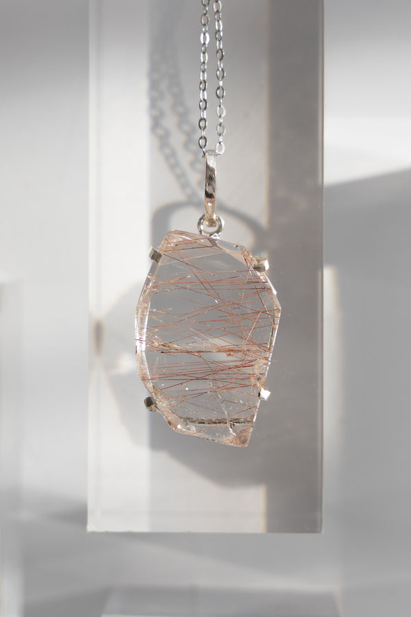 Faceted Clear Rutile Quartz Sterling Silver Pendant Necklace #2